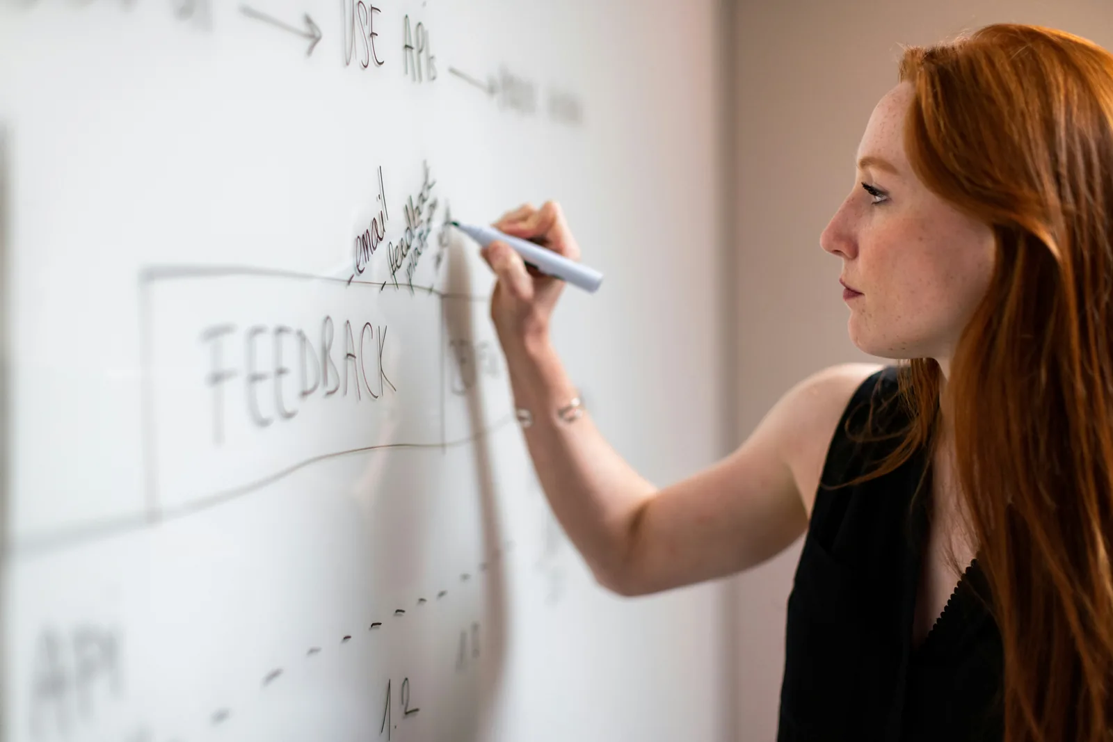 Consultant writing strategy notes on a glass whiteboard, profile view